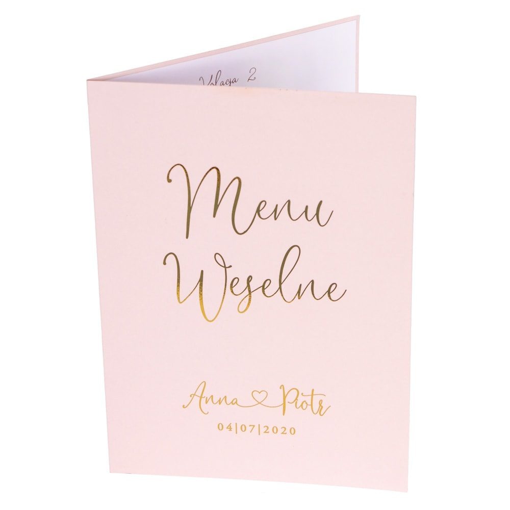 Różowe menu weselne ze złoconym tekstem