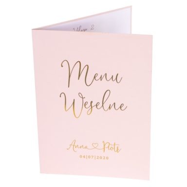Różowe menu weselne ze złoconym tekstem