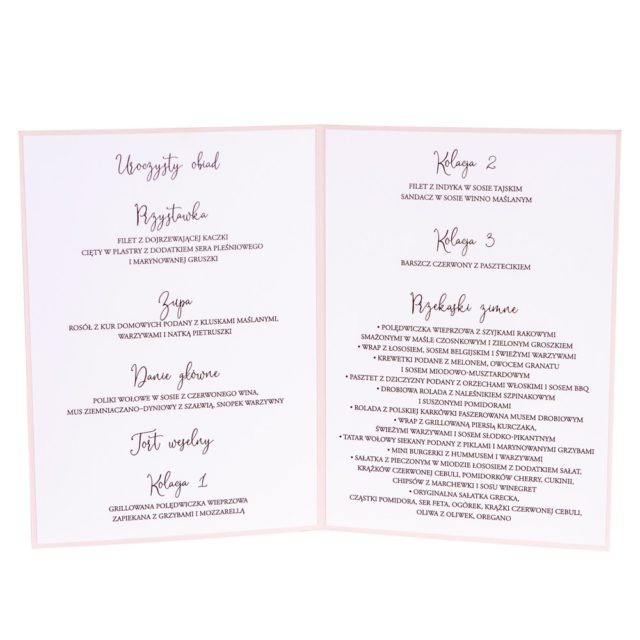 Różowe menu na wesele ze złoceniem