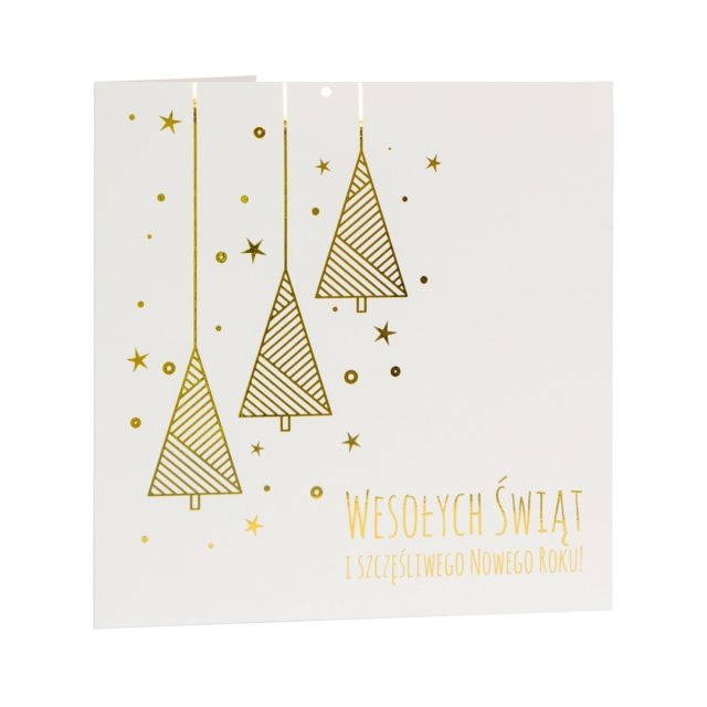 Kartka świąteczna bożonarodzeniowa złocona firmowa biznesowa biała sztywna złote choinki geometryczne proste