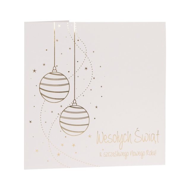 Kartka świąteczna bożonarodzeniowa złocona firmowa biznesowa biała sztywna złote bombki abstrakcyjne proste eleganckie