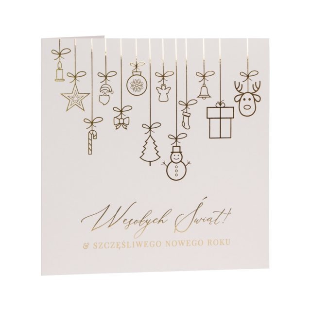 Kartka świąteczna bożonarodzeniowa złocona firmowa biznesowa biała sztywna złote ozdoby świąteczne