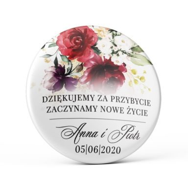 Przypinka weselna bordowe kwiaty magnes podziękowanie dla gości
