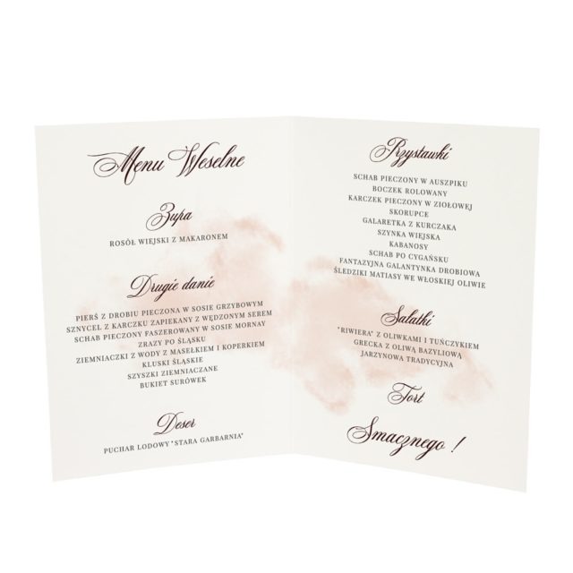 Środek menu na wesele z akwarelą w tle i ozdobnymi czcionkami