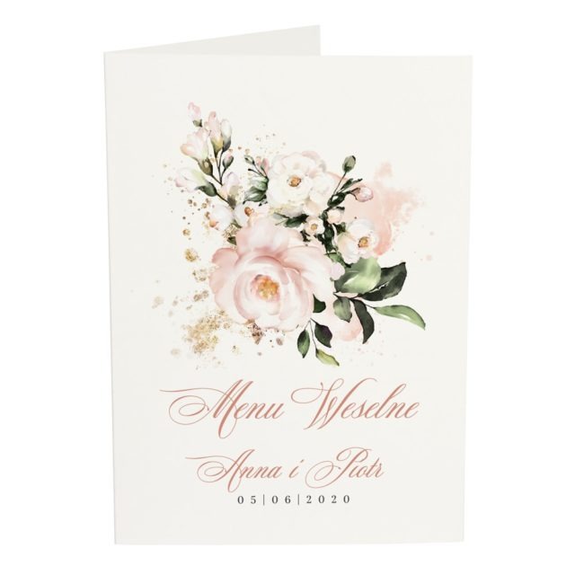 Front menu weselnego z łososiowymi kwiatami na białym papierze