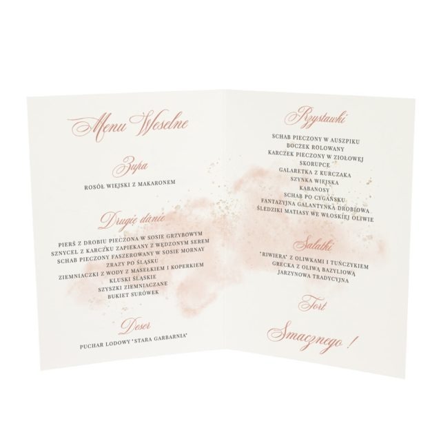 Środek menu na wesele z łososiową akwarelą w tle i dekoracyjnymi czcionkami na białym papierze