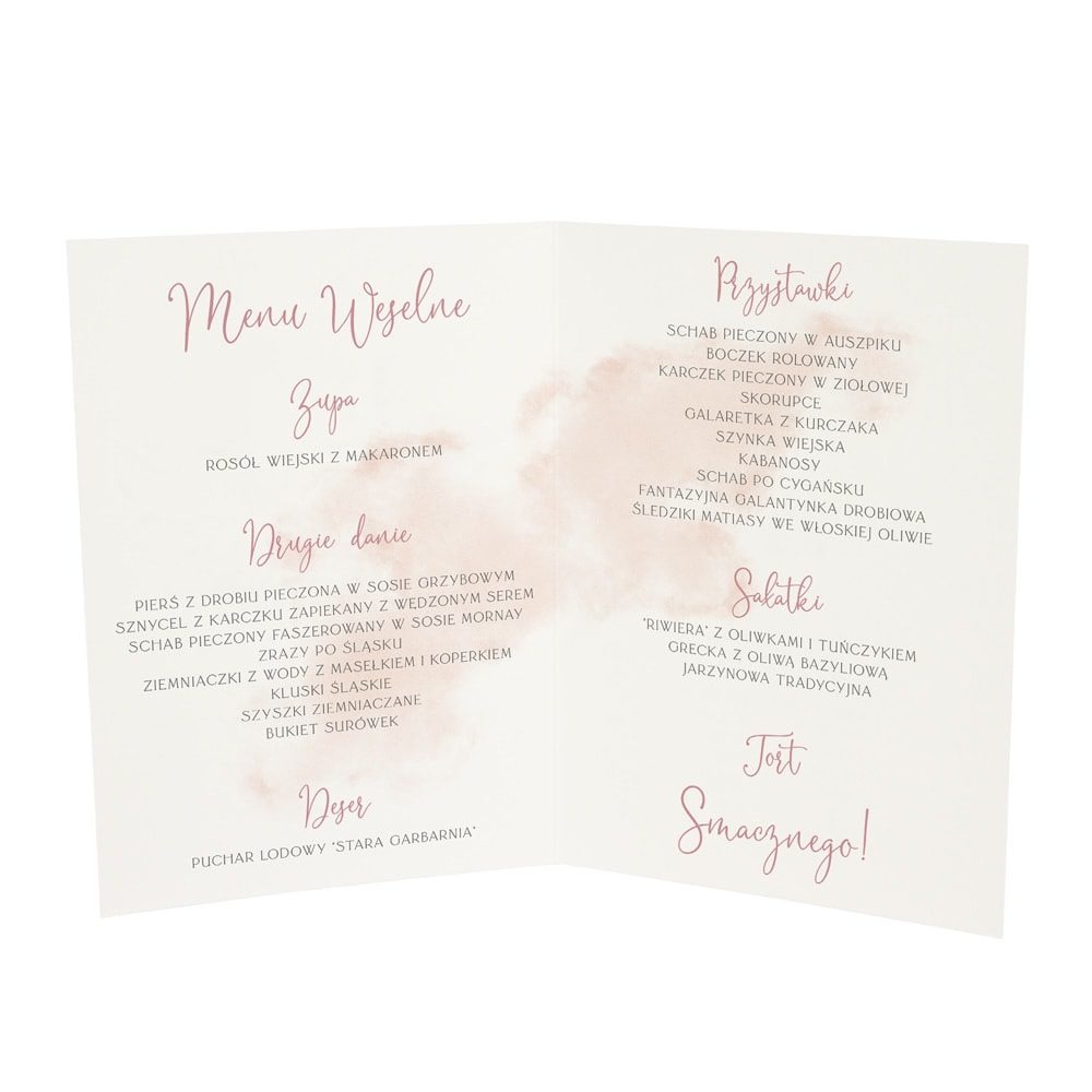 Środek menu weselnego z różowymi różami pastelową akwarelą na białym tle