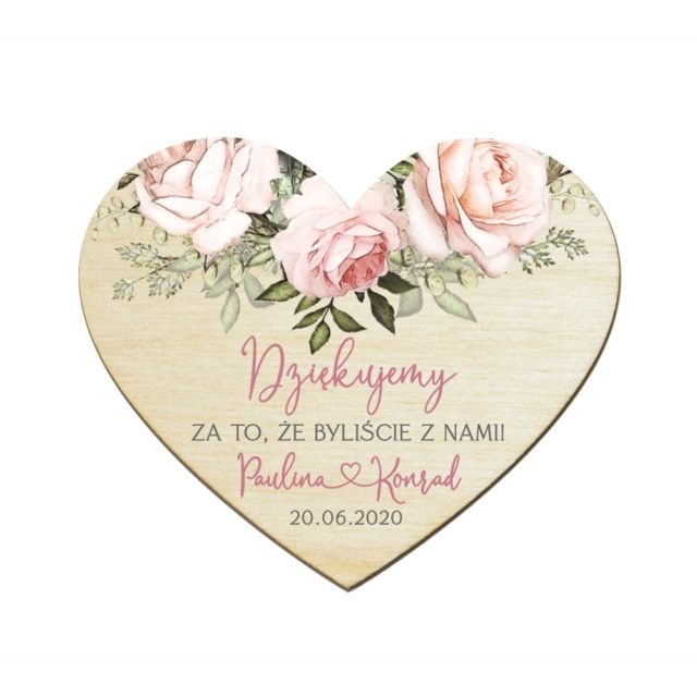 Podziękowanie dla gości weselnych drewniany magnes z różowymi różami