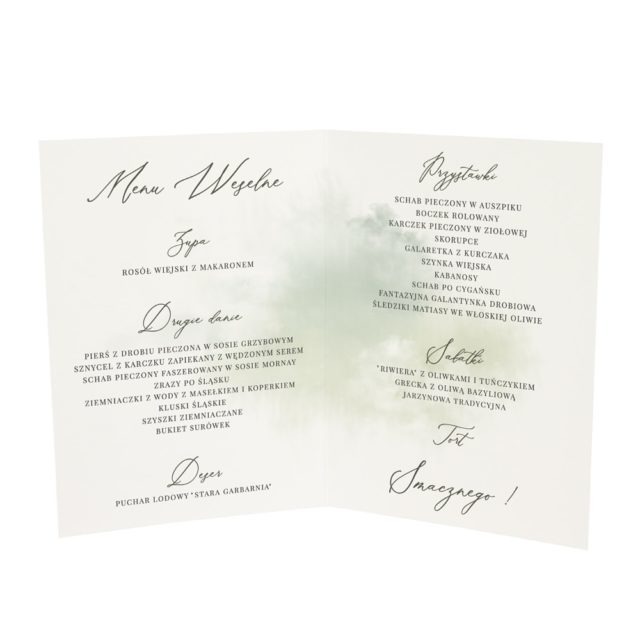 Środek menu na wesele z zieloną akwarelą i ozdobną czcionką wykonane na białym papierze