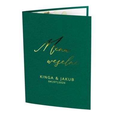 Zielone menu weselne ze złoconym ozdobnym tekstem