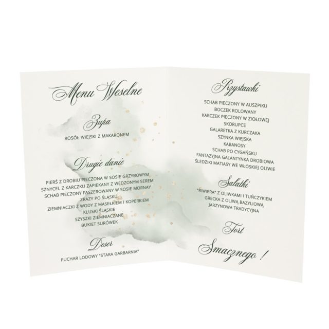 Środek menu weselnego z zieloną akwarelą na białym tle