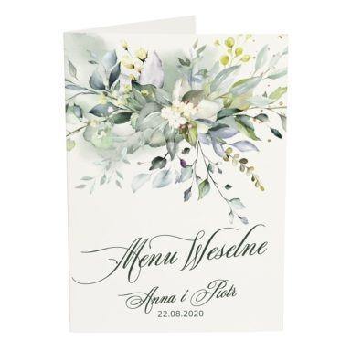 Menu weselne na białym papierze z zieloną akwarelą i gałązkami ziół