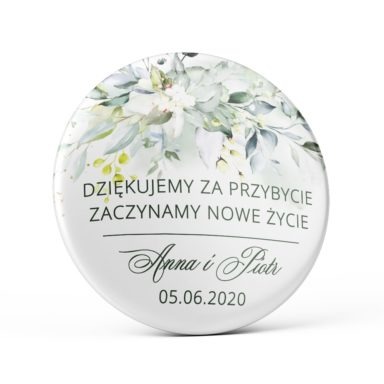 Przypinka weselna z zielonymi gałązkami eukaliptus magnes podziękowanie dla gości weselnych