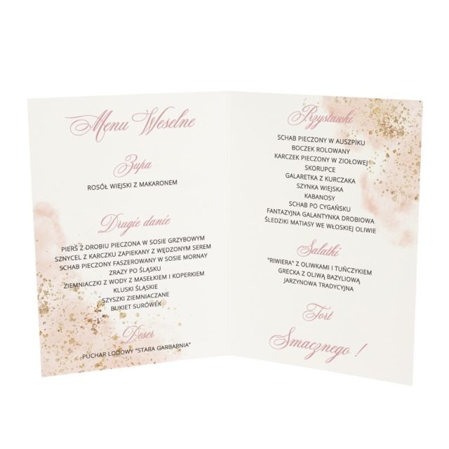 Środek menu weselnego z różowymi kwiatami i łososiowo złotą akwarelą