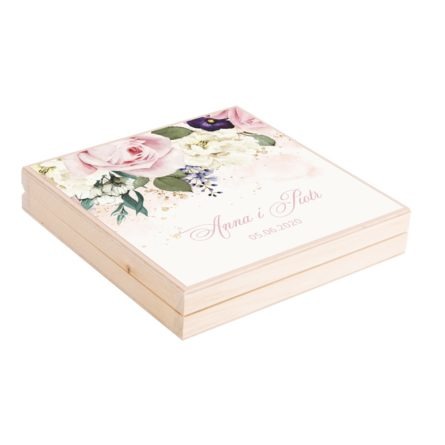 Podziękowanie w drewnianym pudełku z kwiatami w kolorach różowych