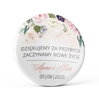 Przypinka weselna z pastelowymi różowymi kwiatami różami magnes podziękowanie dla gości weselnych