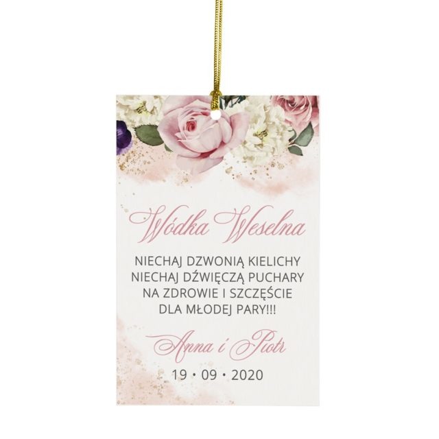 Różowa zawieszka na stół weselny z wiązanym sznureczkiem