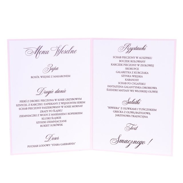 Wnętrze menu weselnego różowa okładka z białymi wklejkami
