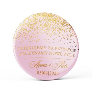 Przypinka weselna różowa ze złoceniem pink sparkle magnes podziękowanie dla gości weselnych