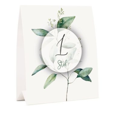 Numer na stół weselny z liściem eukaliptusa