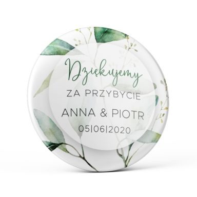 Przypinka weselna z gałązkami eukaliptusa magnes podziękowanie dla gości weselnych