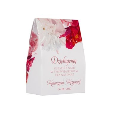 Pudełko na cukierki dla gości weselnych z kwiatami piwonii