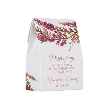 Pudełko na słodkości dla gości weselnych z nadrukiem wrzosów