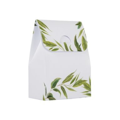Pudełko na słodkości dla gości weselnych z grafiką liści eukaliptusa