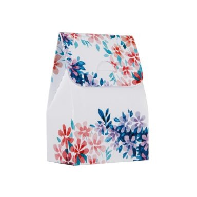 Pudełko na słodkości dla gości weselnych z nadrukiem kolorowych płatków kwiatowych