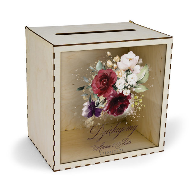 skrzynka na koperty ślubne wykonana ze sklejki z nadrukiem bordowych kwiatów
