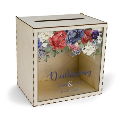 drewniana skrzynka na koperty weselne flowery