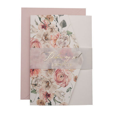 Zaproszenia ślubne klasyczny folder boho różowe kwiaty