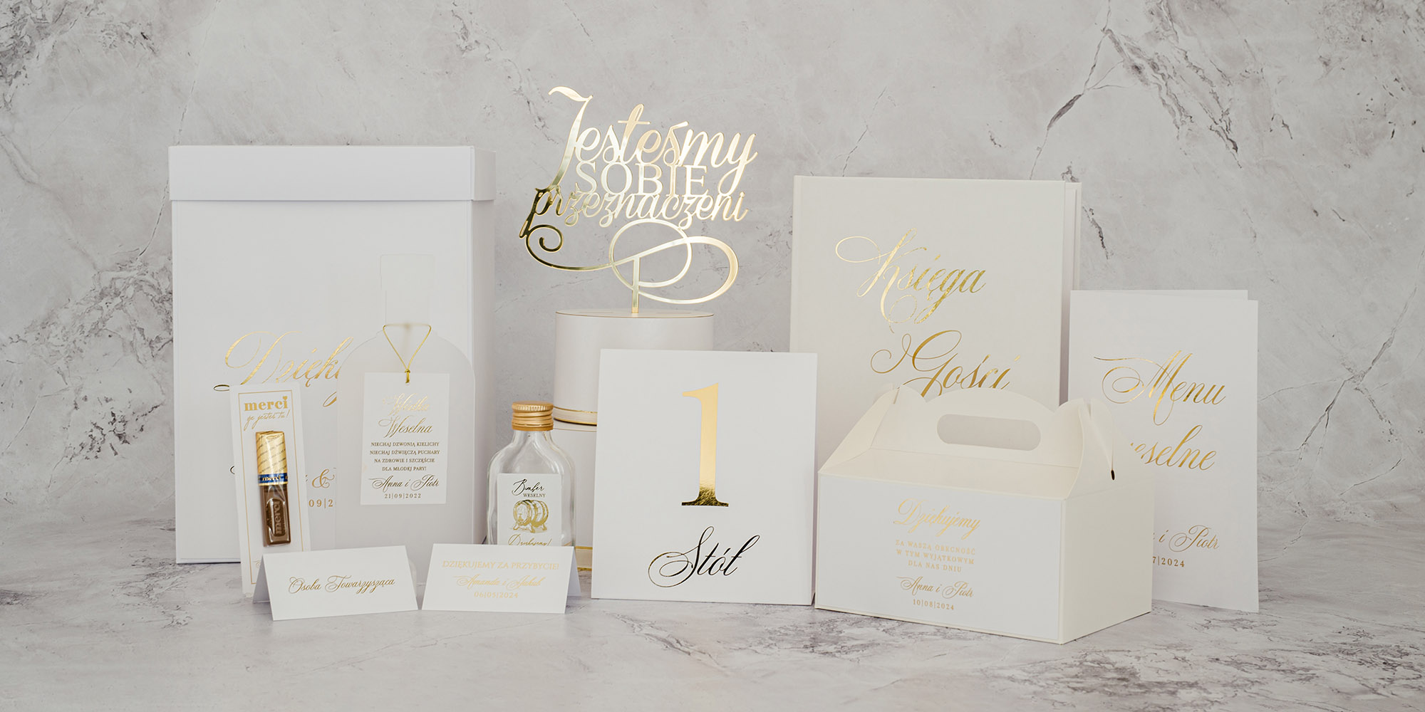 zestaw dodatków weselnych białych ze złoceniem