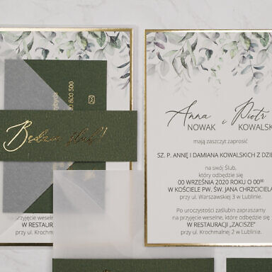 Zaproszenie ślubne z minimalistycznymi listkami z bilecikiem, opaską na kopertę
