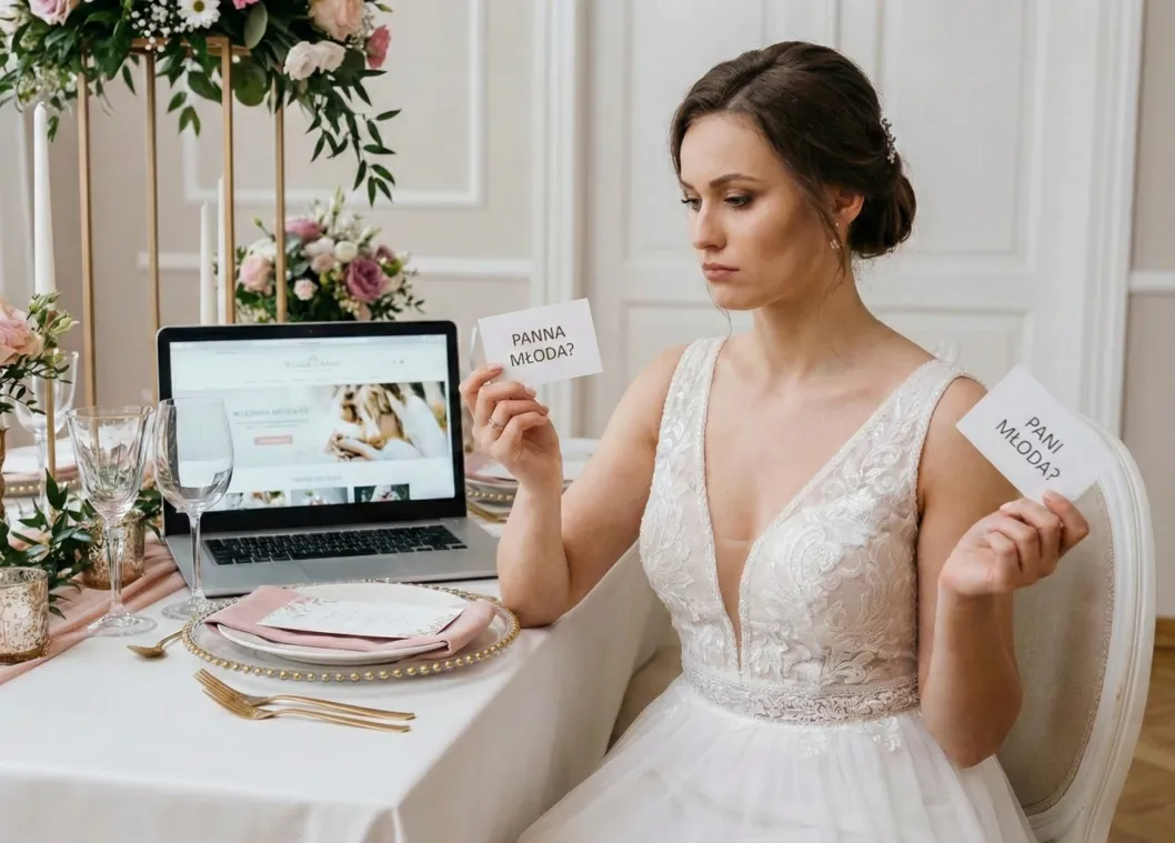 panna młoda zastanawia się nad ślubem siedząc przy stole i przeglądając stronę ślubną