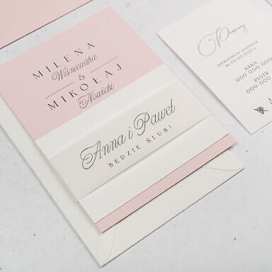 Pojedyncza karta zaproszenia ślubnego, bilecik z opaską i kopertą