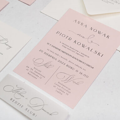 Minimalistyczne zaproszenie ślubne z kolorową kartą główną z bilecikiem