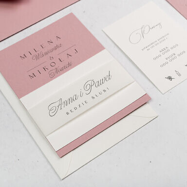 Pojedyncza karta zaproszenia ślubnego, bilecik z opaską i kopertą