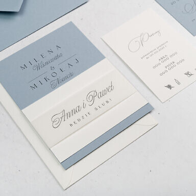 Pojedyncza karta zaproszenia ślubnego, bilecik z opaską i kopertą