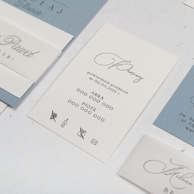 Zaproszenie ślubne z błękitną kartą, bilecikiem i opaską