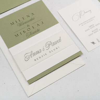 Zaproszenie ślubne z oliwkową kartą, bilecikiem i opaską