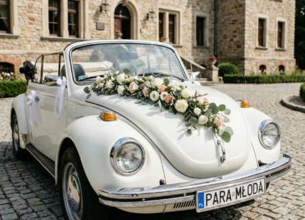 samochód garbus kabriolet ozdobiony kwiatami na wesele