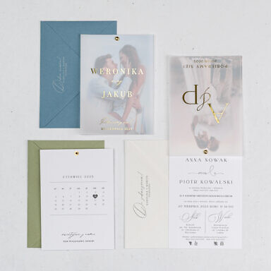 Zaproszenie ślubne trzywarstwowe ze złotym tekstem na kalce