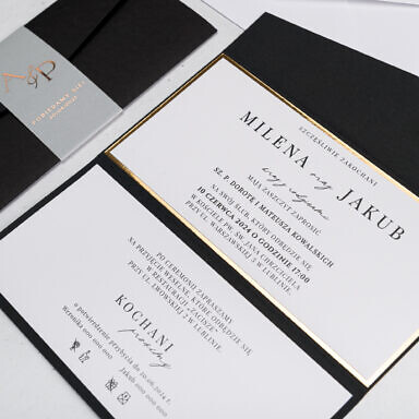 Zaproszenie na ślub i wesele w czarnej kolorystyce z elementami złota