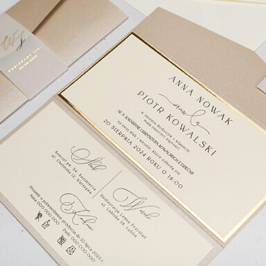 Beżowo kremowe zaproszenie ślubne z perłowym papierem