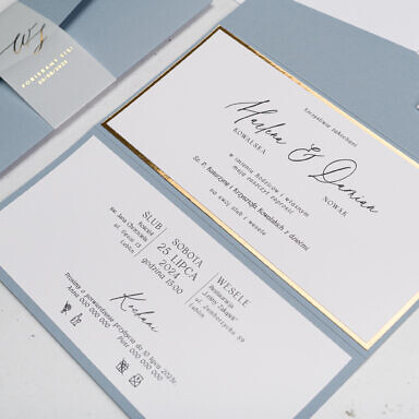 Zaproszenie na ślub i wesele w kolorze niebieskim z białymi wklejkami