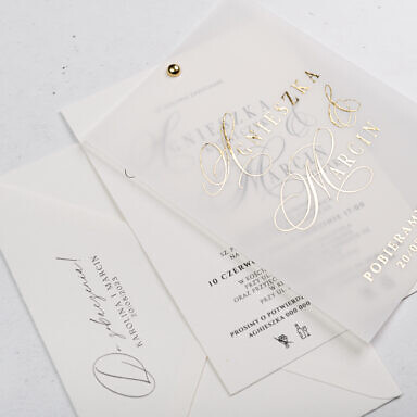 Zaproszenie ślubne bawełniane z tekstem złoconym na kalce