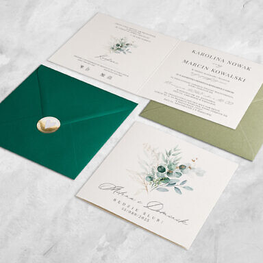 Zielone listki zaproszenie ślubne z kolorową kopertą i złotą naklejką