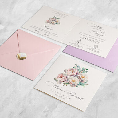 Kolorowe zaproszenie ślubne z kolorową kopertą i złotą naklejką