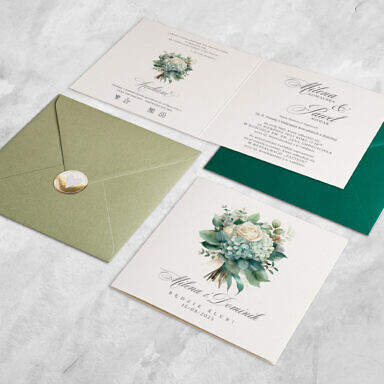 Zaproszenie ślubne z kremową różą i zielonymi listkami z kopertą i naklejką